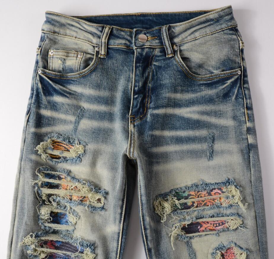 Men’s Retro Blue Denim Jeans Stretch Ripped Casual Punk Hip Hop Ripped Pants New