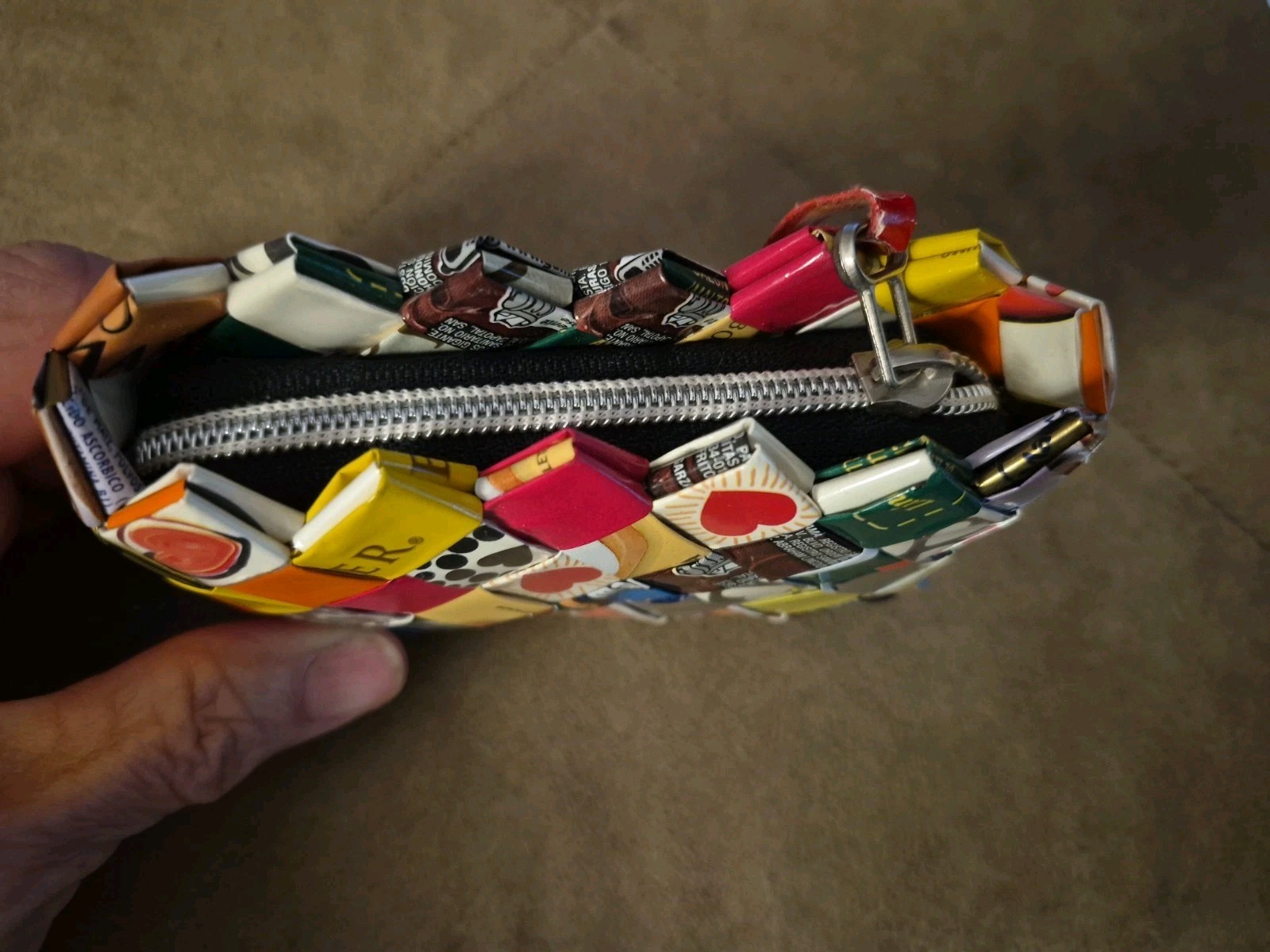 CANDY WRAPPER STYLE RECYCLED WOVEN TOP ZIP COIN/CARD HANDMADE 5X3 COIN PURSE