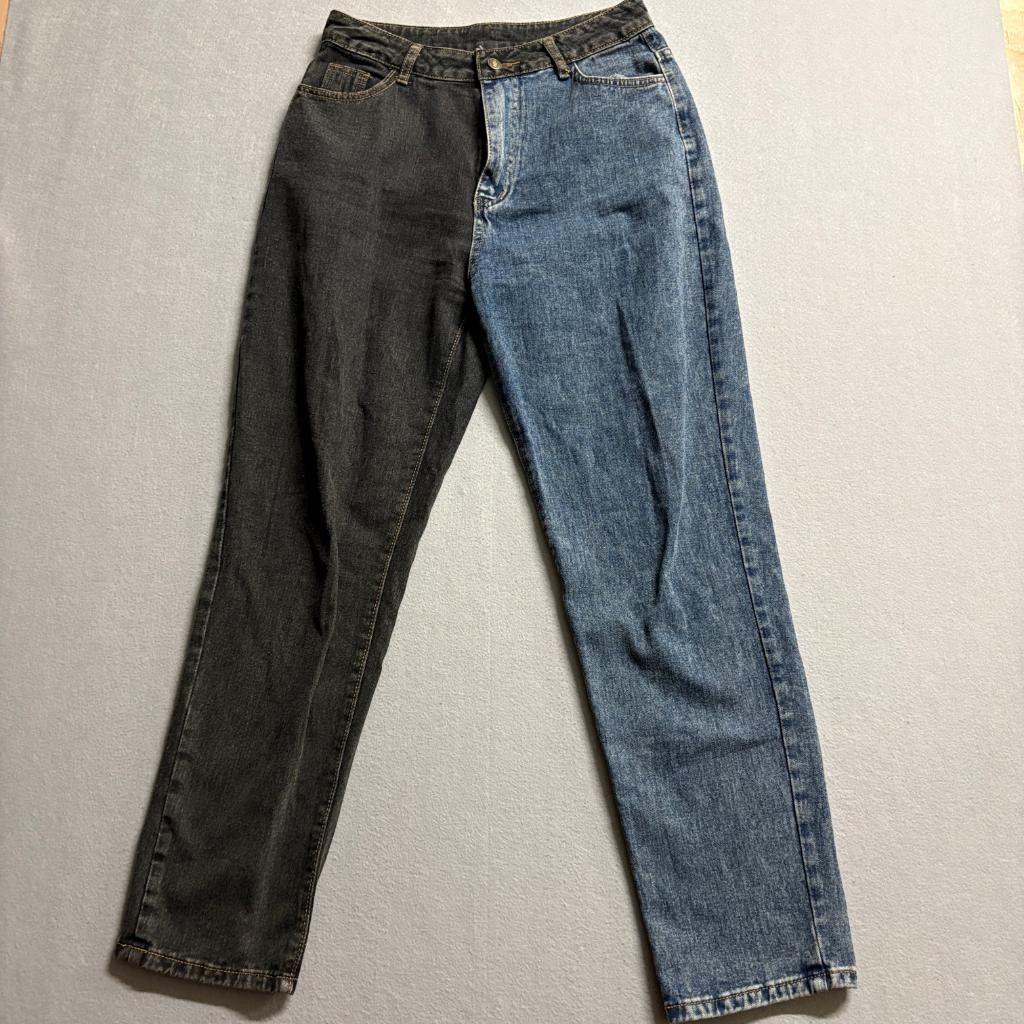 Shein Colorblock Two Tone Jeans Womens Medium Blue Black High Rise Straight Leg