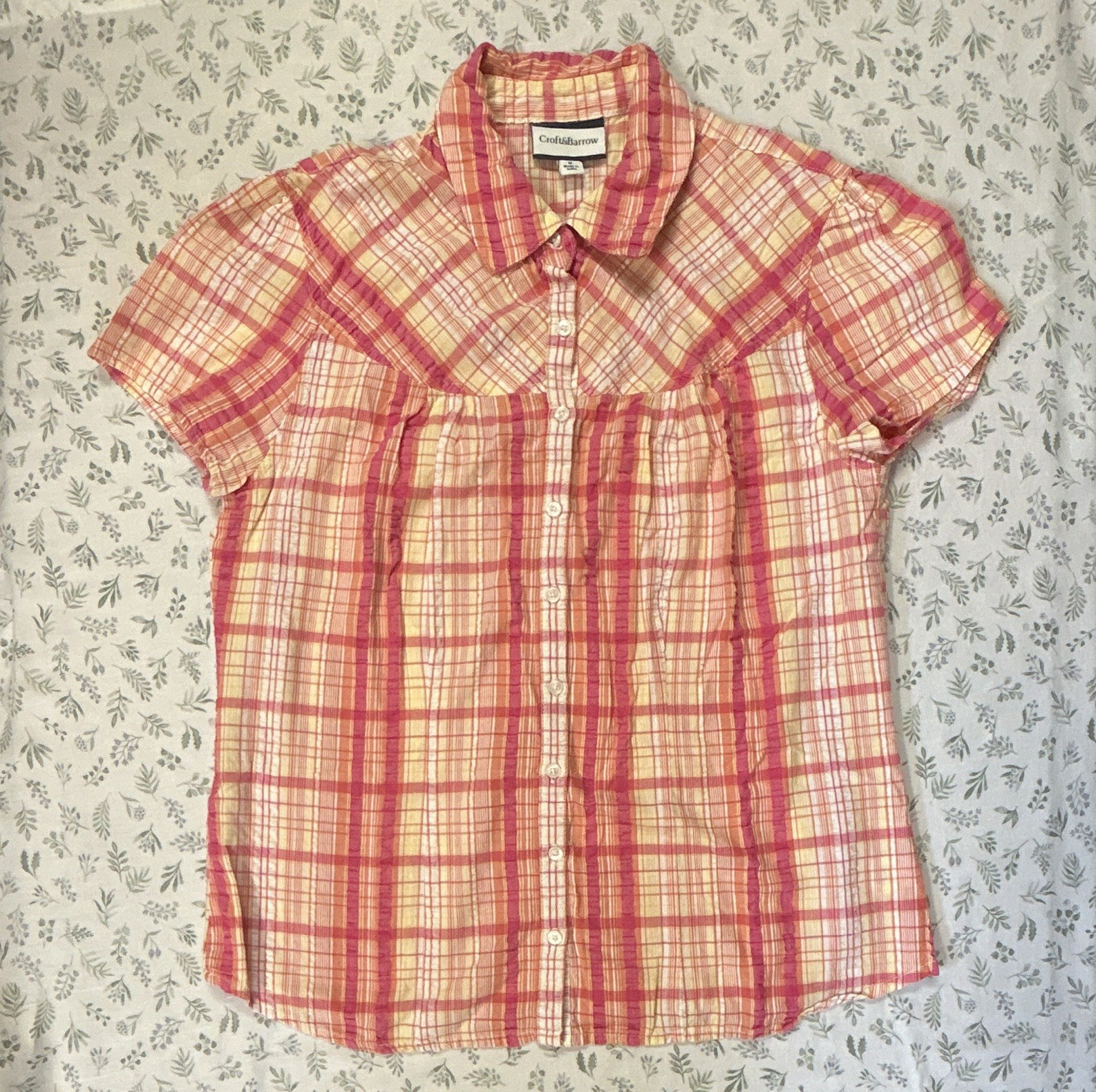 Croft & Barrow Women’s M Pink/White/Yellow Plaid Cotton Button Up Collared
