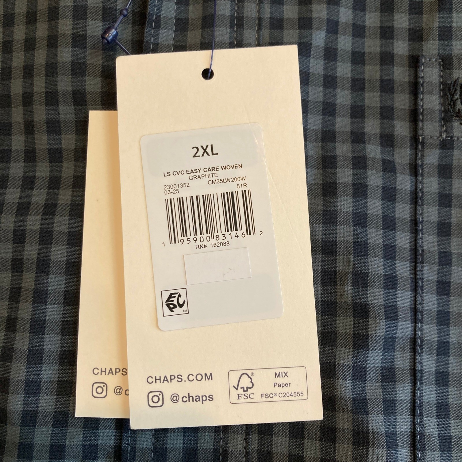 NEW Chaps Mens 2XL Graphite Gingham Stretch Easy Care Button Down Shirt NWT
