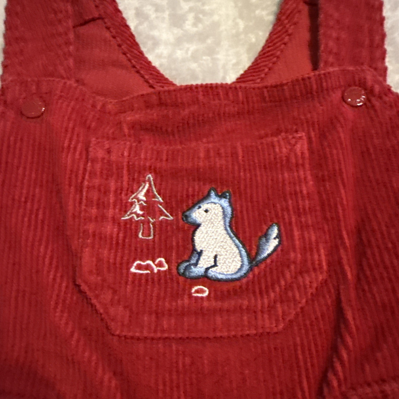 Vintage Oshkosh B’gosh Holiday Red Corduroy Overalls Size 6-9 Month Wolf
