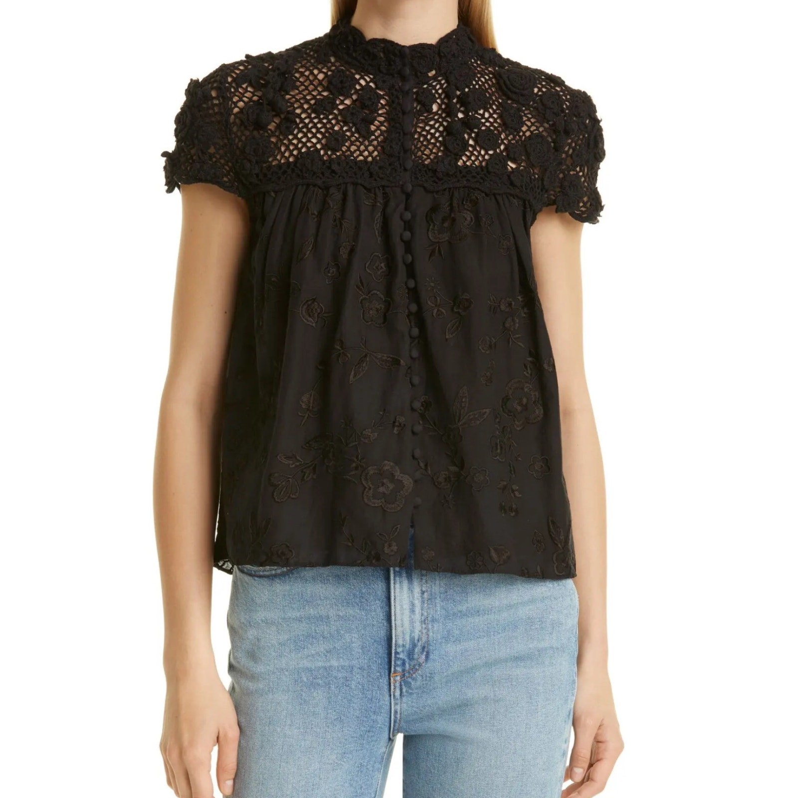 Alice + Olivia Ilaria Crochet Yoke Blouse Black Size Small