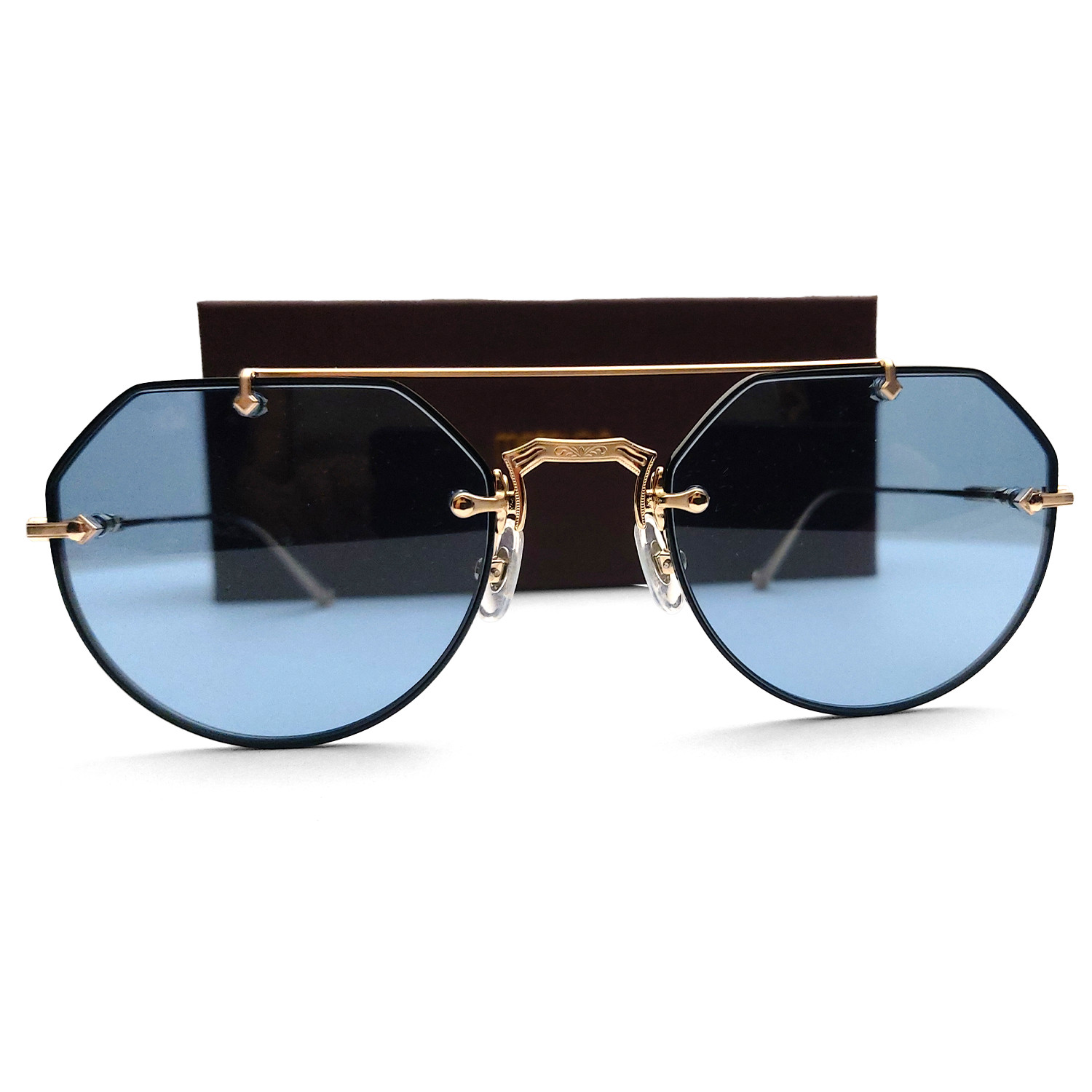 Matsuda M3121 Geometric Sunglasses Brushed Gold | Cobalt Blue Lenses