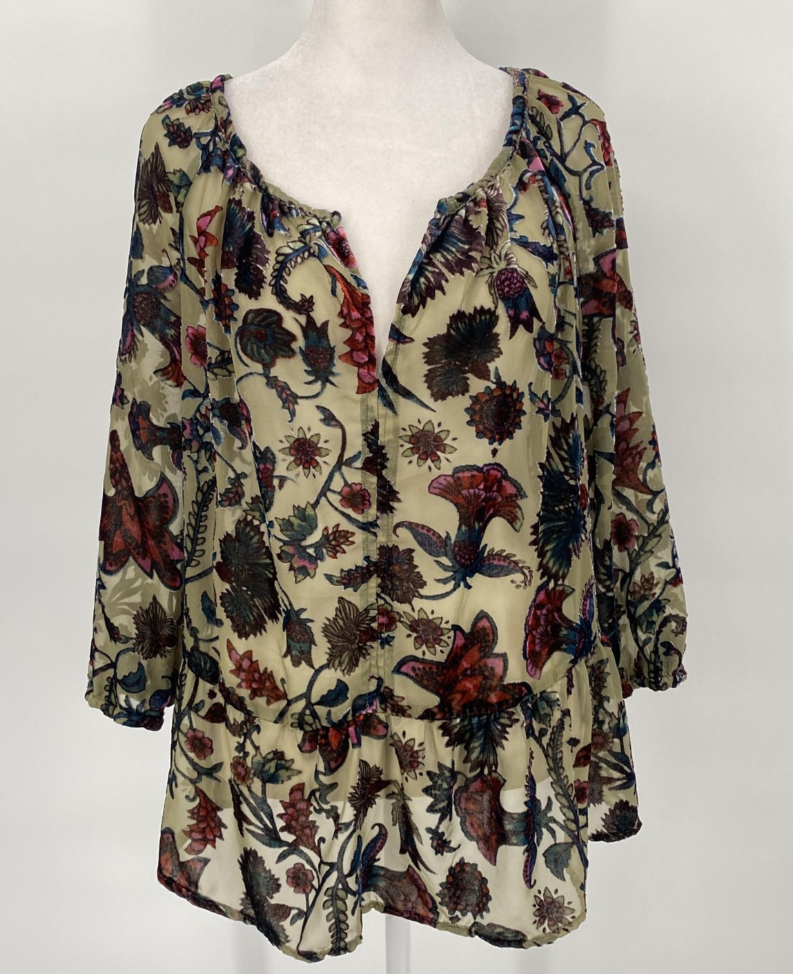 Faded Glory Top Women Medium Green Velvet Burnout Sheer Floral Hippie Fairy Boho