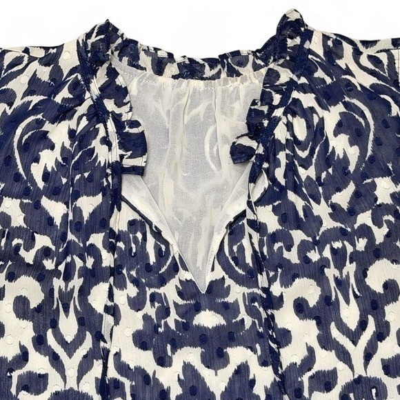 Navy Blue White Damask Ikat Clip Dot Sleeveless Blouse Ruffle V-Neck Top