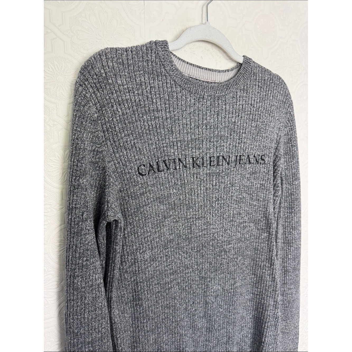 Y2K Calvin Klein Jeans Gray Ribbed Logo Sweater Size Medium