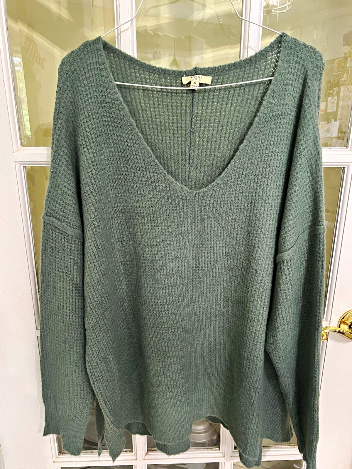 KORI America Green Acrylic Blend Fuzzy V-Neck Knit Pullover Sweater Womens M