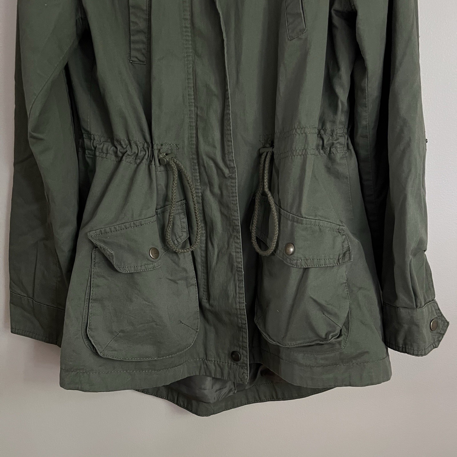 OliveGreen Utility Jacket Military Anorak FullZip Drawstring Waist Medium
