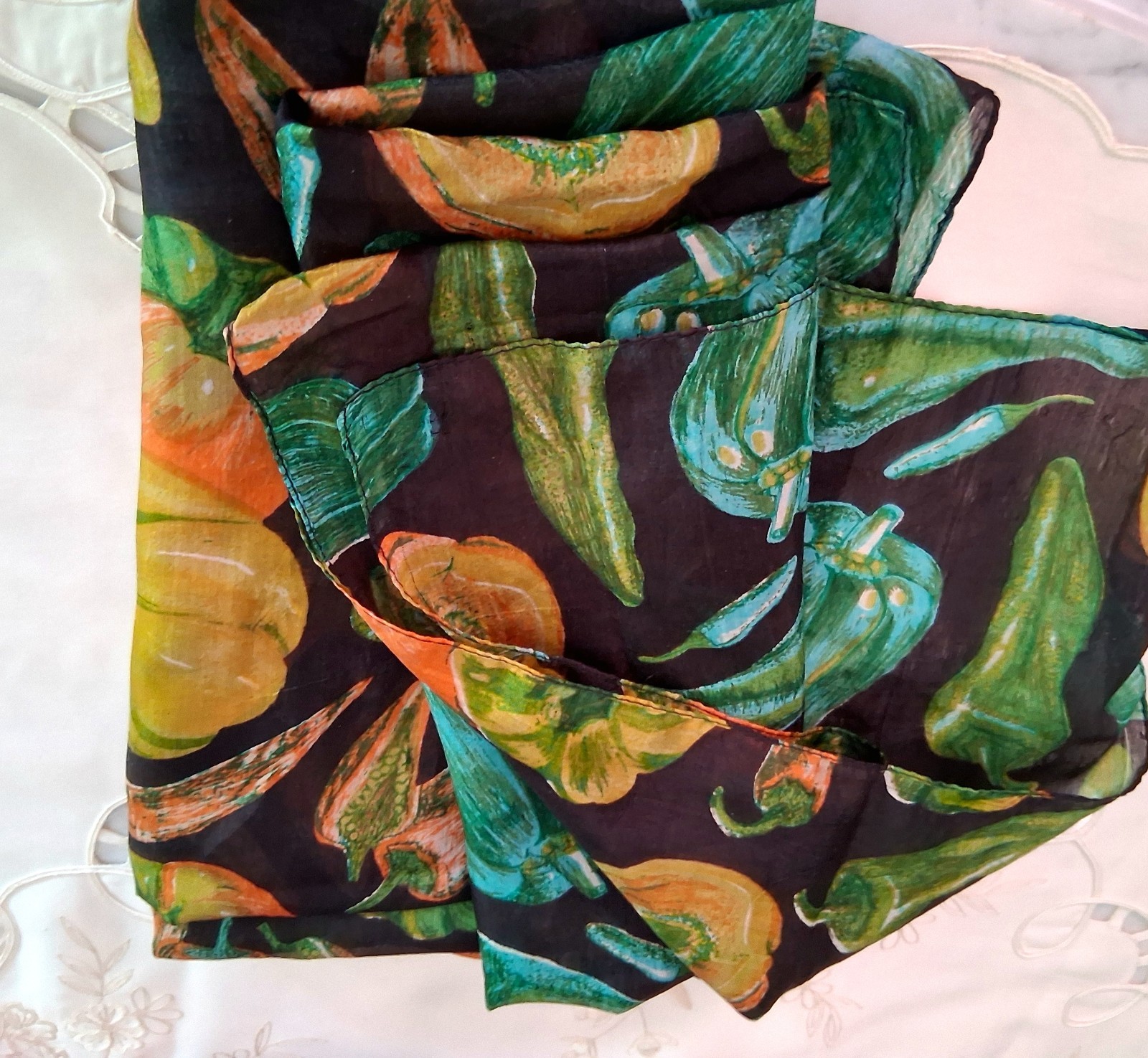 Women Vintage Black with Peppers Design Scarf, Size 40 x 40 inches