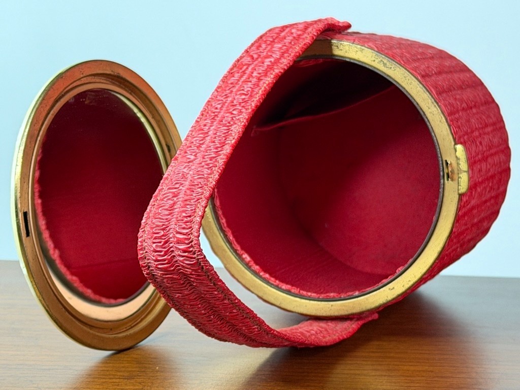 Vintage 1950s red round box purse, vinyl mirror Lin-Bren handbag cylinder small