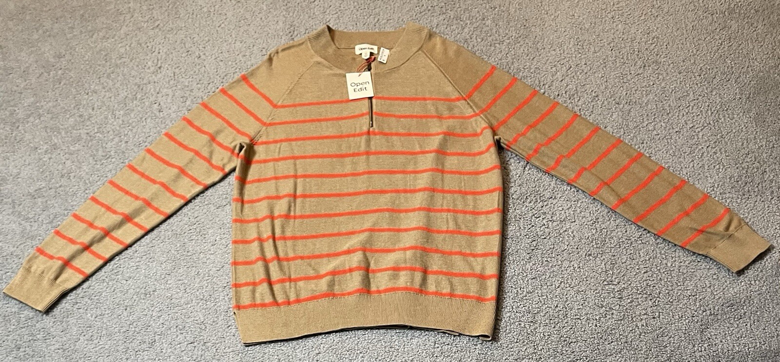 Open Edit Men’s Pullover Sweater 2XL Beige Orange Stripes 1/4 Zip Mocked Neck