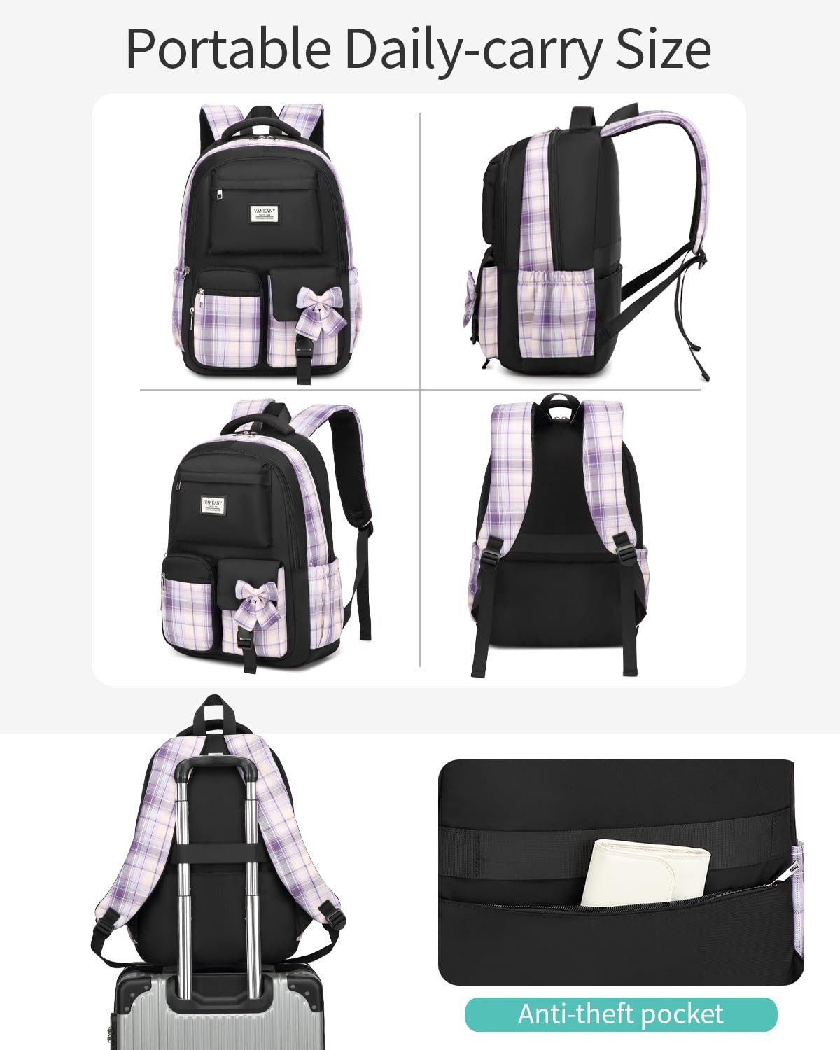 Girls Backpack with Lunch Box – 15.6″/17.3″ Laptop Sleeve, 3 Pack, Cute