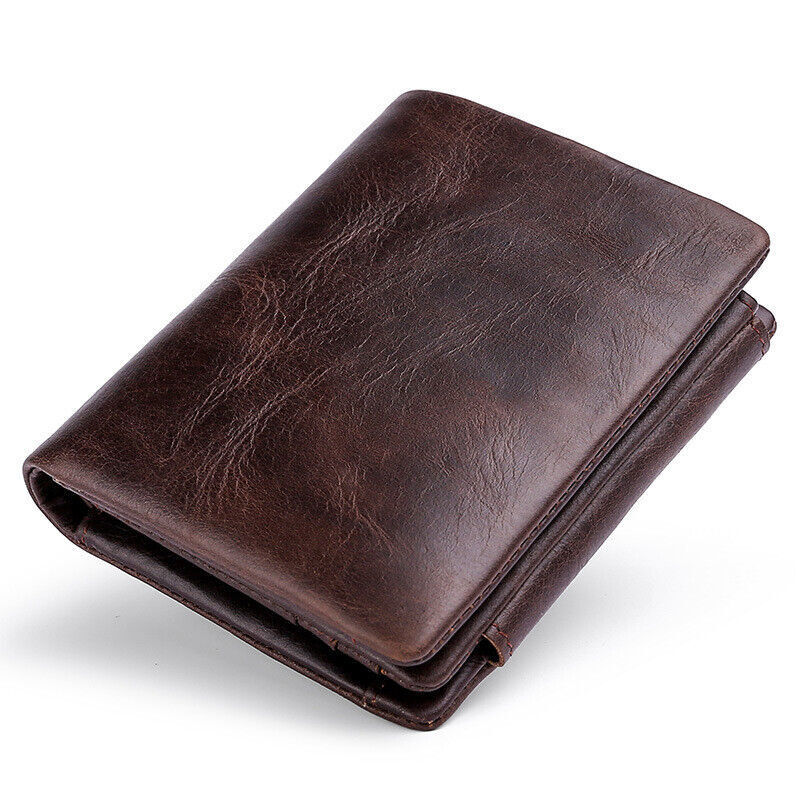 Cowhide Leather Mens Trifold Wallet RFID Blocking Card Holder Zipper Coin Purse