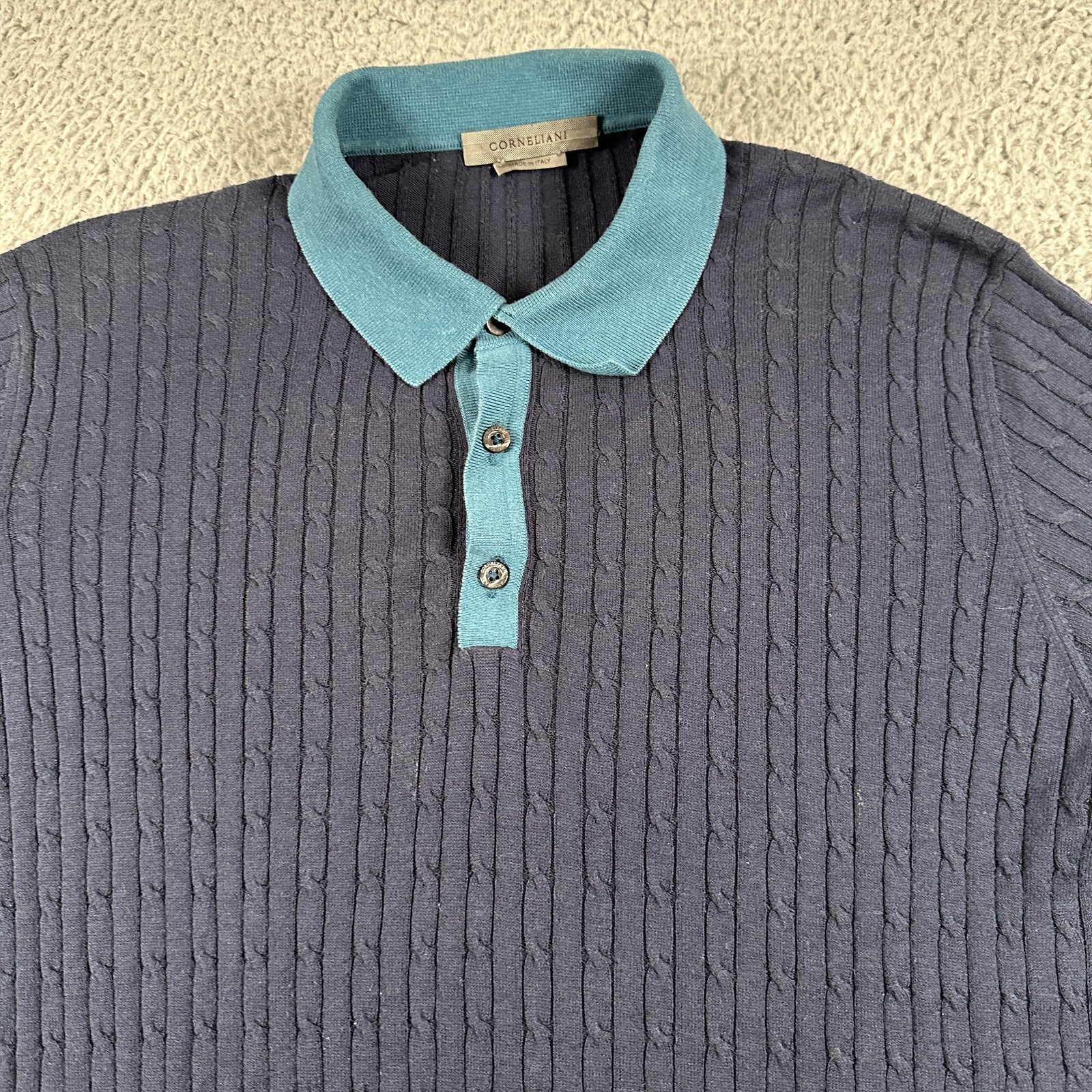 Corneliani Cable Knit Polo Shirt Mens 48 Blue Silk Cotton Short Sleeve Italy