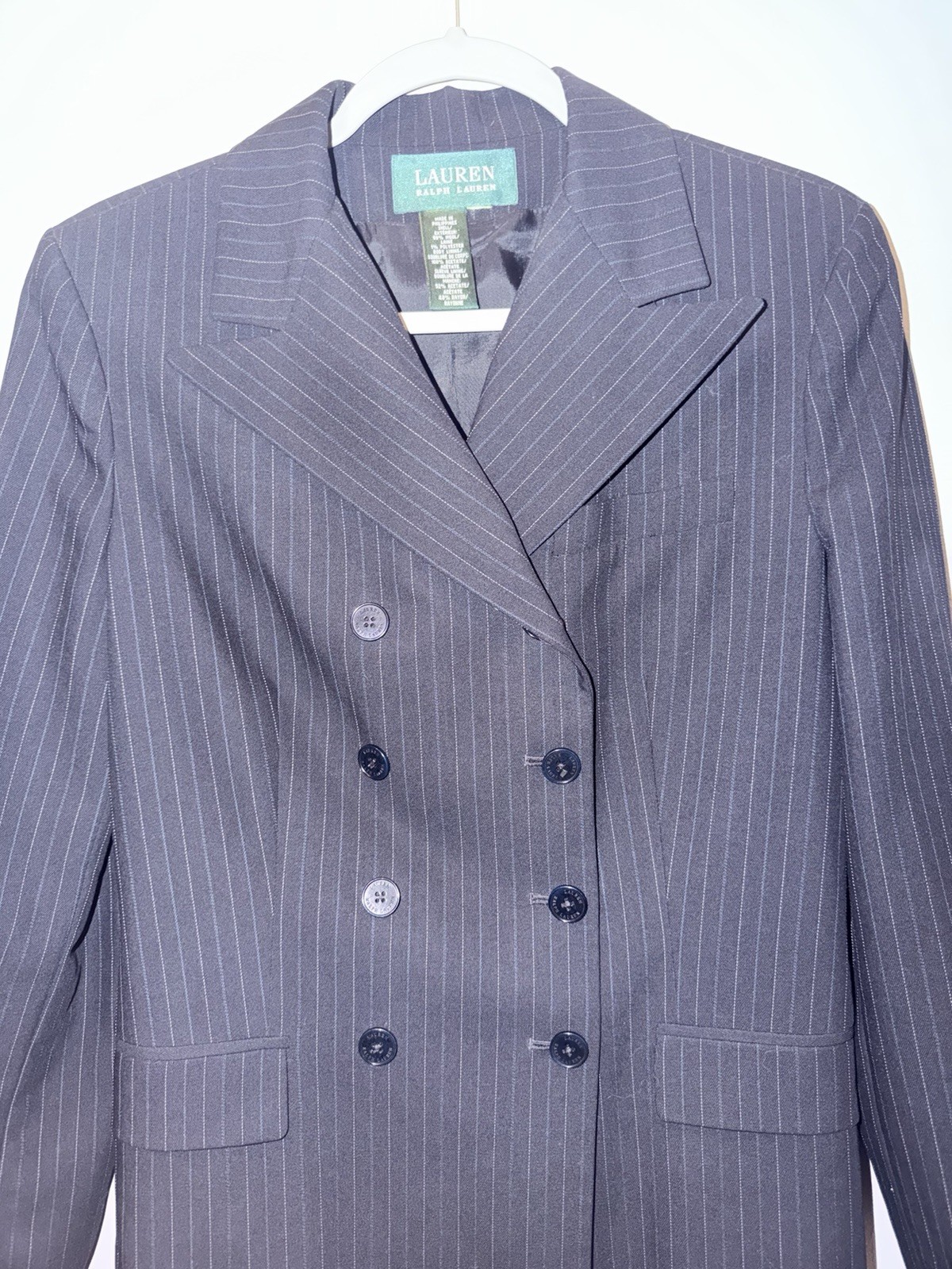 Lauren Ralph Lauren Navy Pinstripe Double-Breasted Wool Blazer Peak Lapel