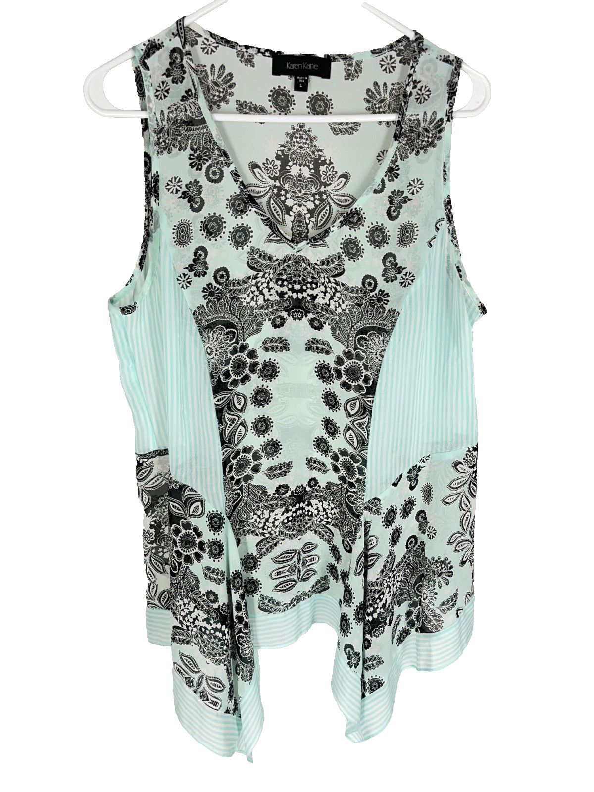 KAREN KANE Blouse Large Blue Floral Sheer Top Shirt Asymmetric Resortwear Casual