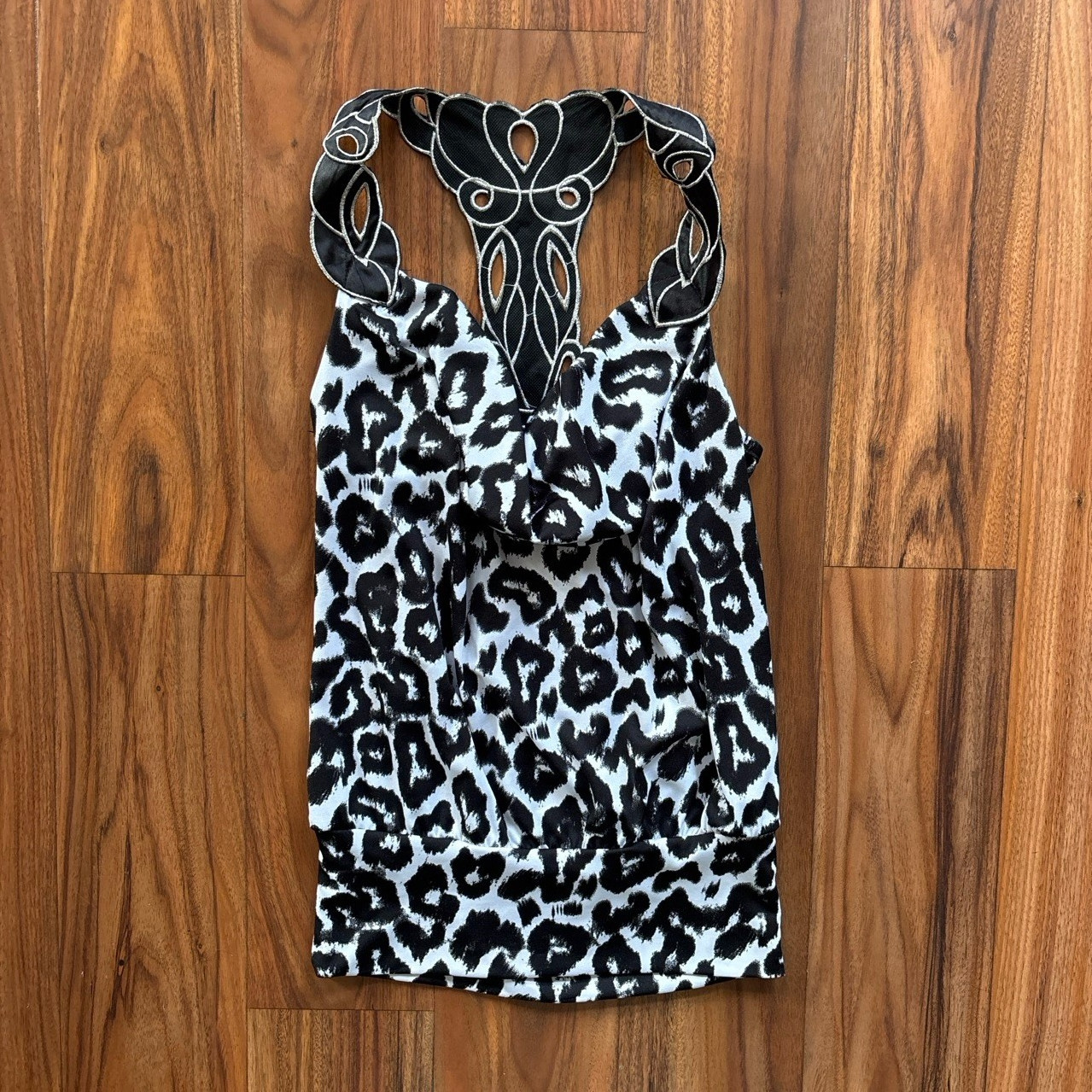 Y2K BONGO Black & White Leopard Print Halter Going Out Blouse With Detail S
