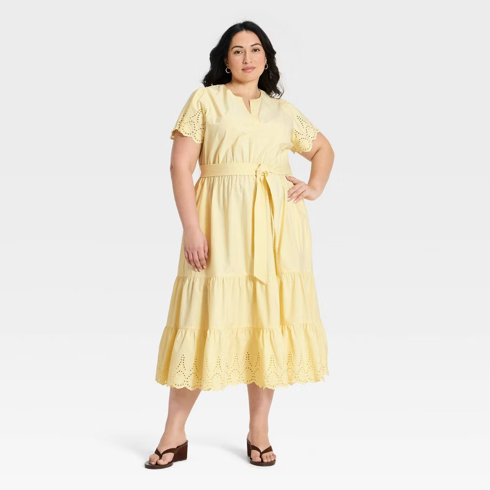 Women Short Flutter Sleeve V-Neck Front Tiered Eyelet Midi Dress – Ava