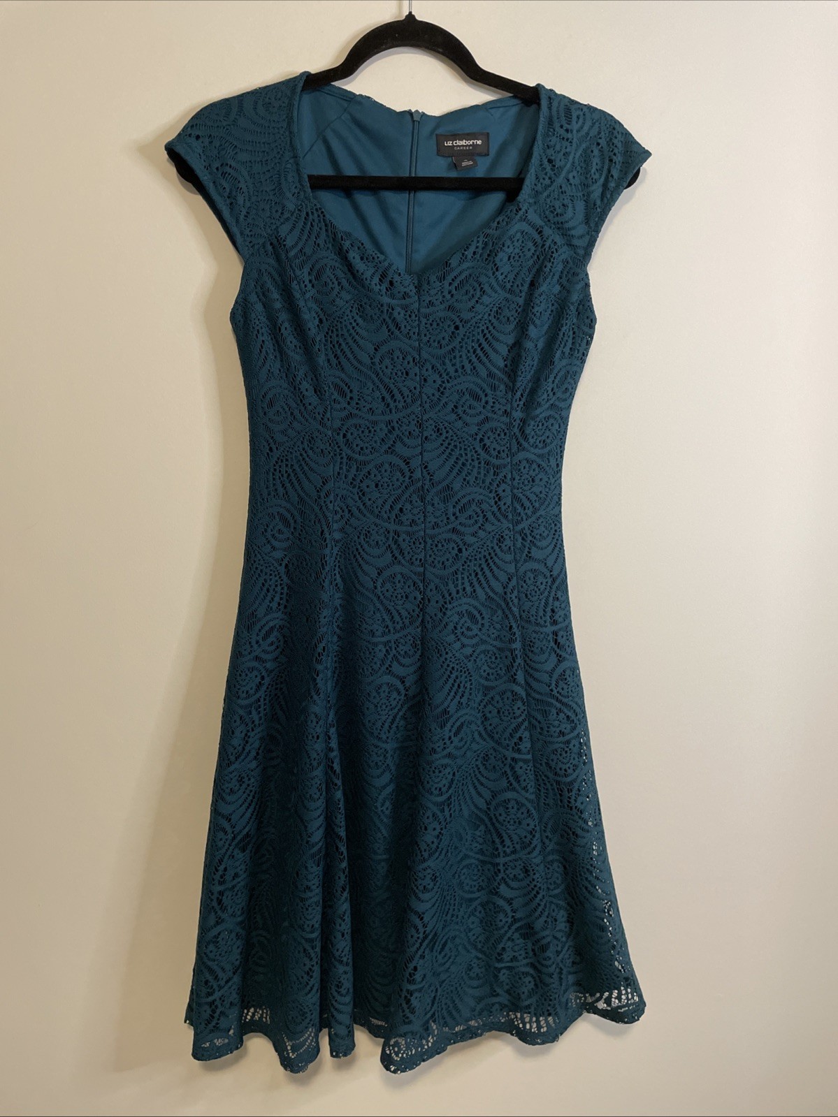 Liz Claiborne 4 Teal Lace Fit Flare Career Dress Cap Sleeve V Neck