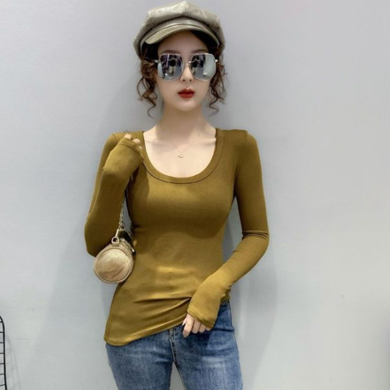 Lady Ribbed Basic Shirt Fit Stretch Low Cut Slim U-neck Plain Blouse Tee Shirt