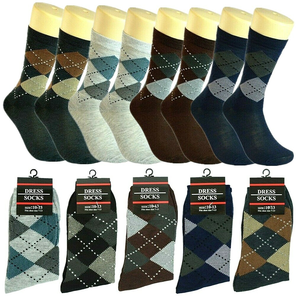3-12 Pairs Mens Multi-Color Argyle Diamond Cotton Casual Dress Socks Size 10-13