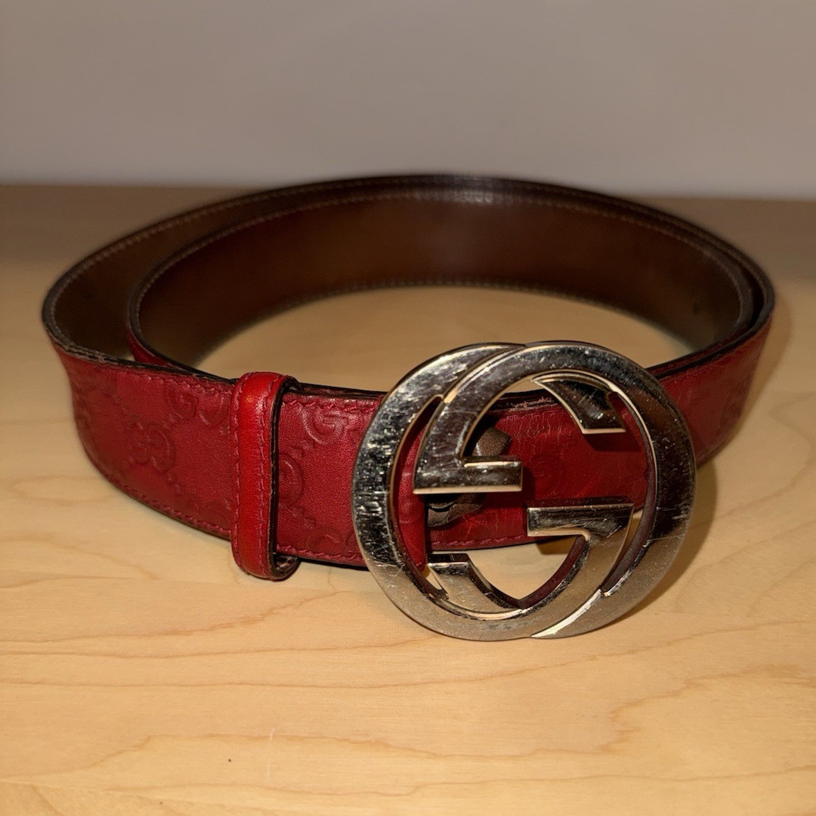 Gucci Red GG Logo mens Adjustable Belt Size 38 w/ Silver Buckle