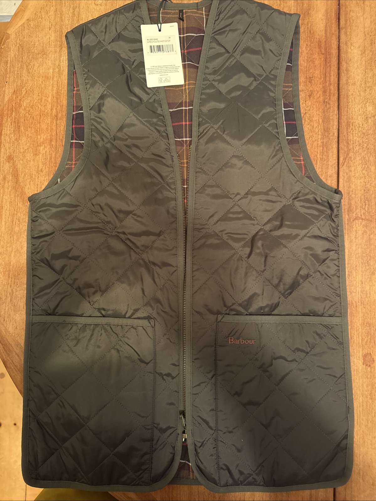 Barbour Quilted Waistcoat with Zip-In Liner, Olive, Size 34