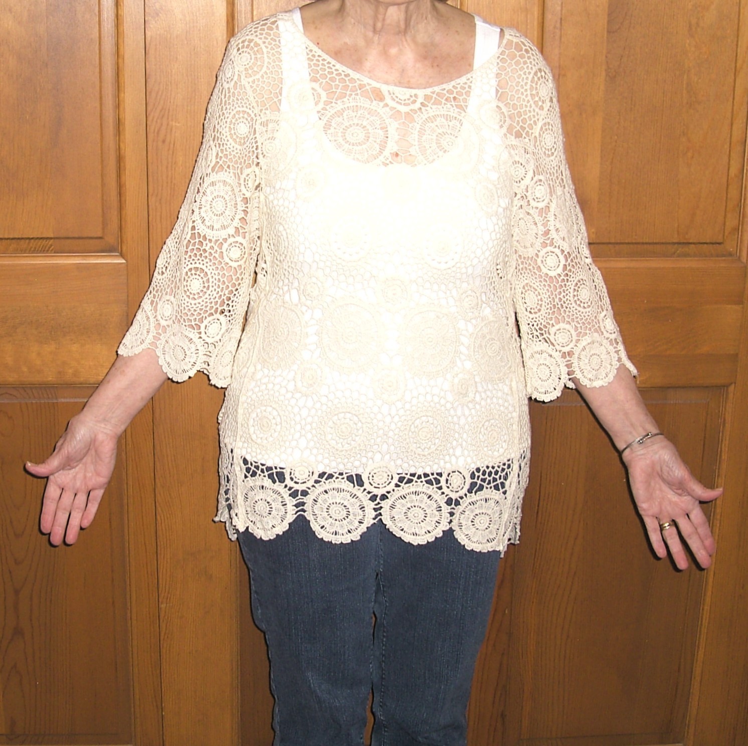 Womens One Size Ivory Pullover Top Open Weave 3/4 Sleeve India Boutique