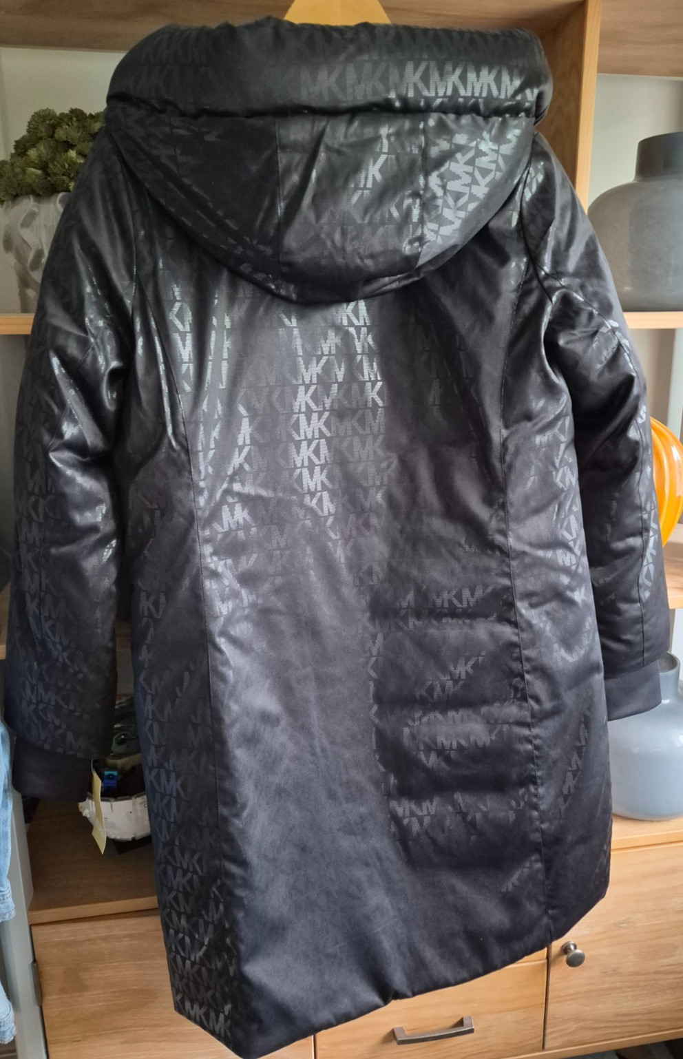 Michael Kors black multi logo print longline coat size S 42″ chest new cost £275