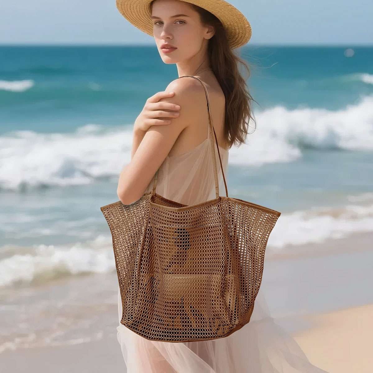 Summer Mesh Tote Bag, Lightweight Shoulder Bag for Beach Travel Pool & Gym