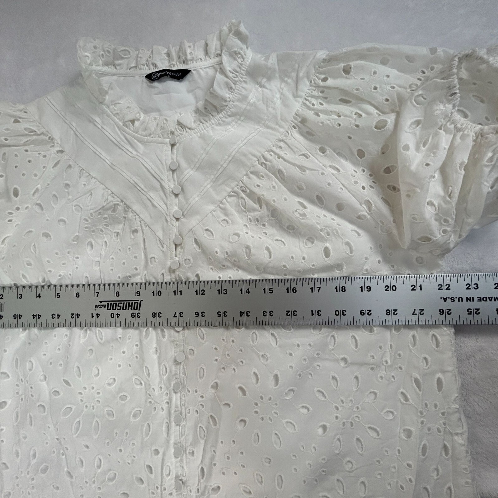 PrettyGarden Eyelet Lace Blouse Top Ruffle Collar Puff Sleeve Womens Large White