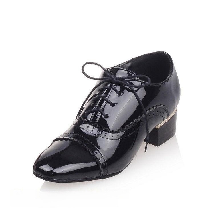 Women Sweet Pointy Toe Shoes Patent Leather Pumps Mary Jane Chunky Heel US4-US12