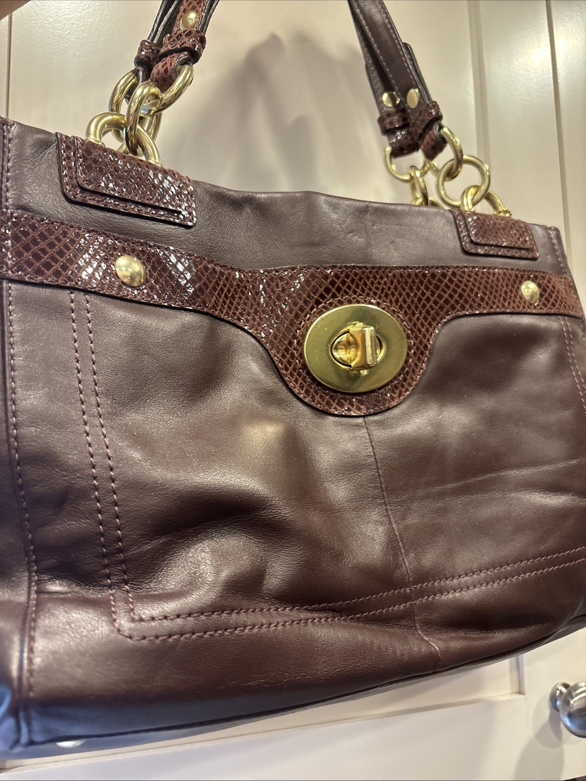 Coach Penelope Leather Carryall Snakeskin Accent Turn lock Bag F16531