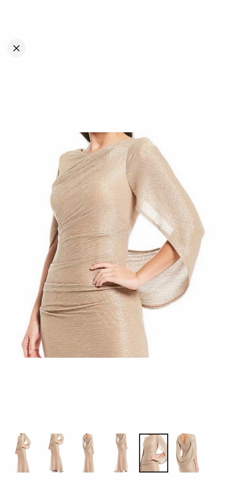 Betsy & Adam 10P Petite Gold Glitter Draped Long Formal Gown Cape Sleeve