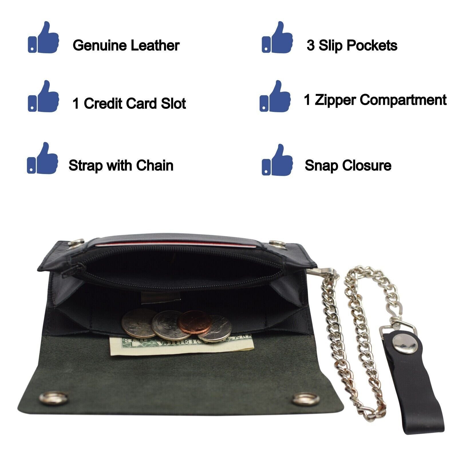 Black Genuine Leather Motorcycle Trucker Biker Chain Wallet With Inside Zipper