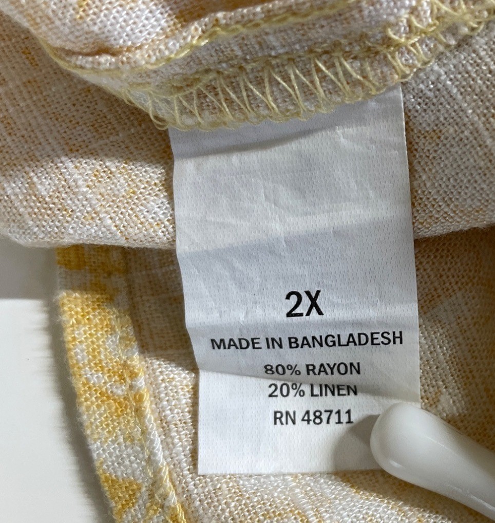 Falls Creek Womens Size 2X Yellow & White Floral Print Linen Blend Shirt