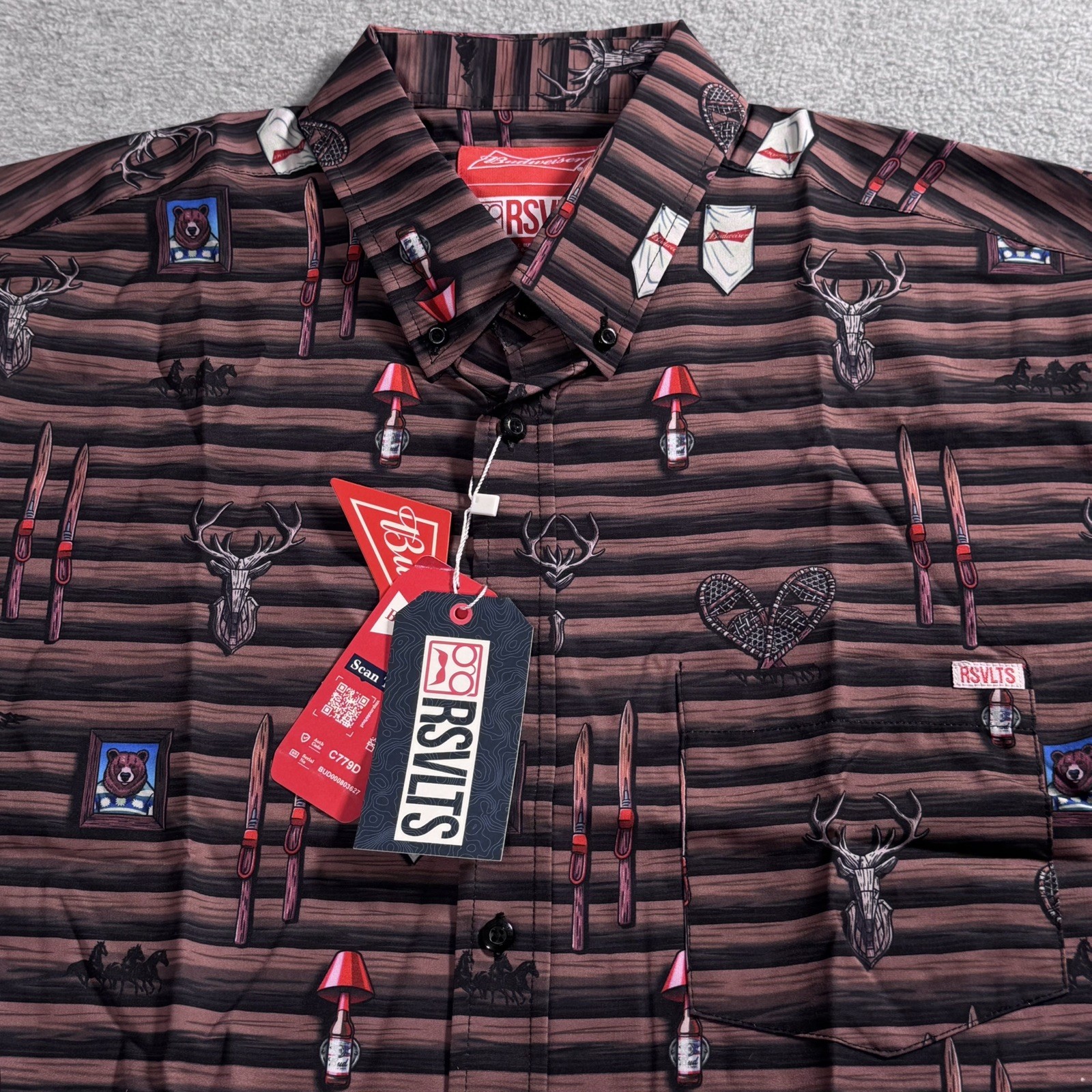 NWT RSVLTS Men’s BUDWEISER SKI LODGE BUCK RARE KUNU SHIRT LARGE Dad Comfort Beer