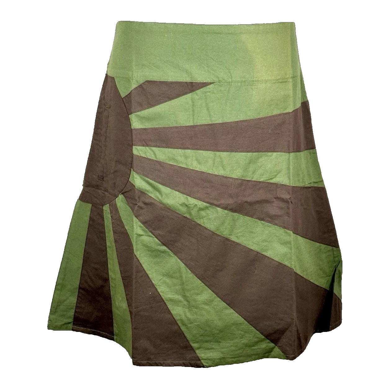 M&L Midi Skirt Medium Green With Brown Sunburst Pocket Zipper Hip 100% Cotton