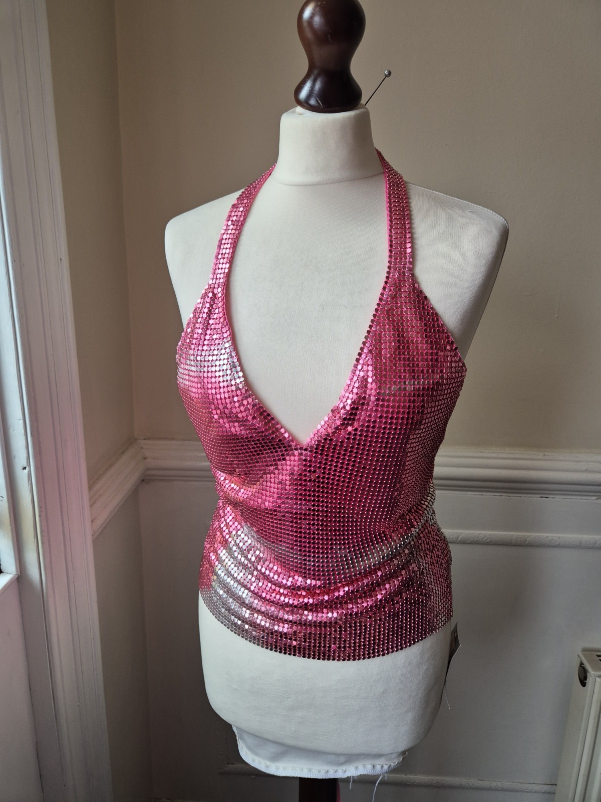 Bnwt Take One Pink Silver Chainmail Halterneck Top Cami Tie Back Strappy 00s Y2k