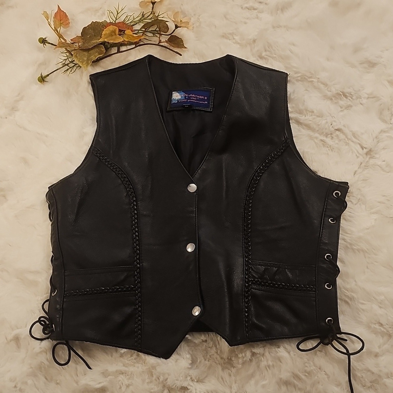 Vance Leathers Black Leather Vest with Braided Side Details M Bikercore Sk8r EUC