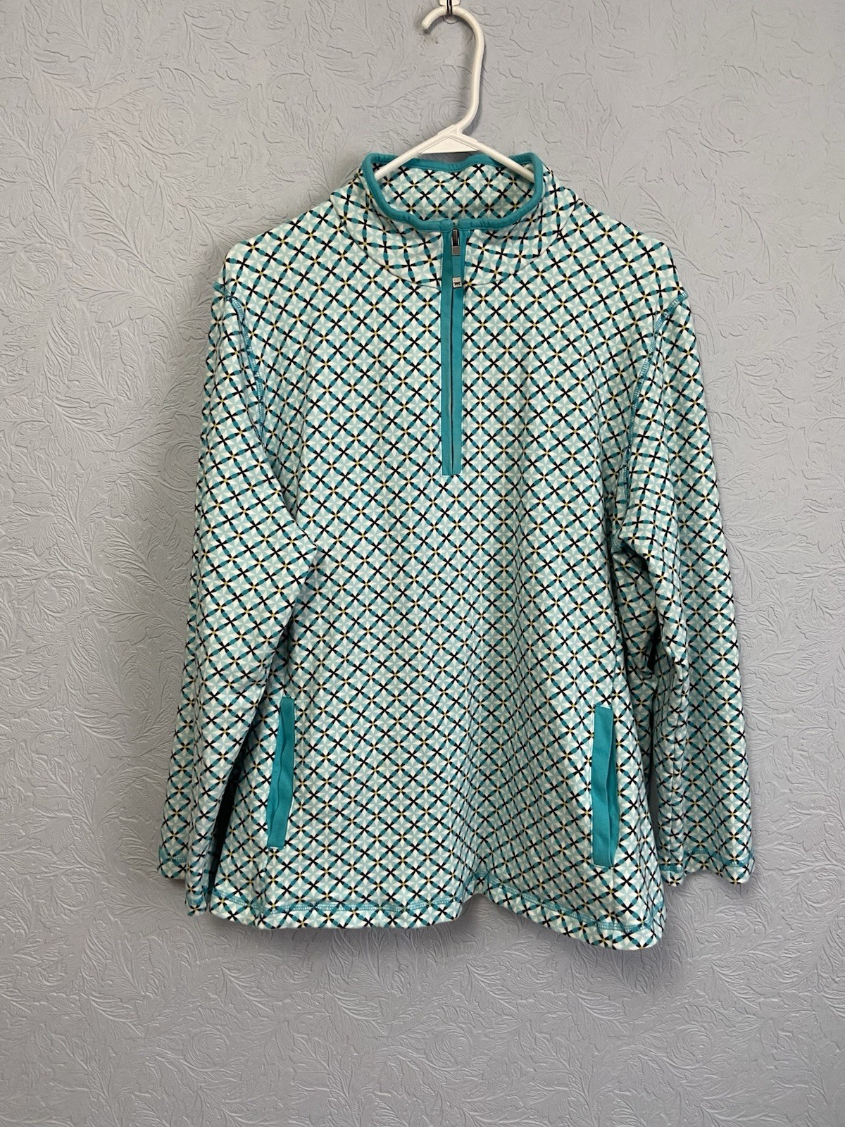 Talbots Size 3X Teal Print Long Sleeve 1/4 Zip Pullover With Pockets B16