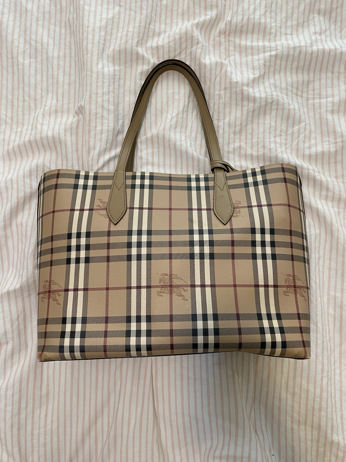 Burberry Beige Plaid Tote Bag Double Handles Open Top with Dust Bag
