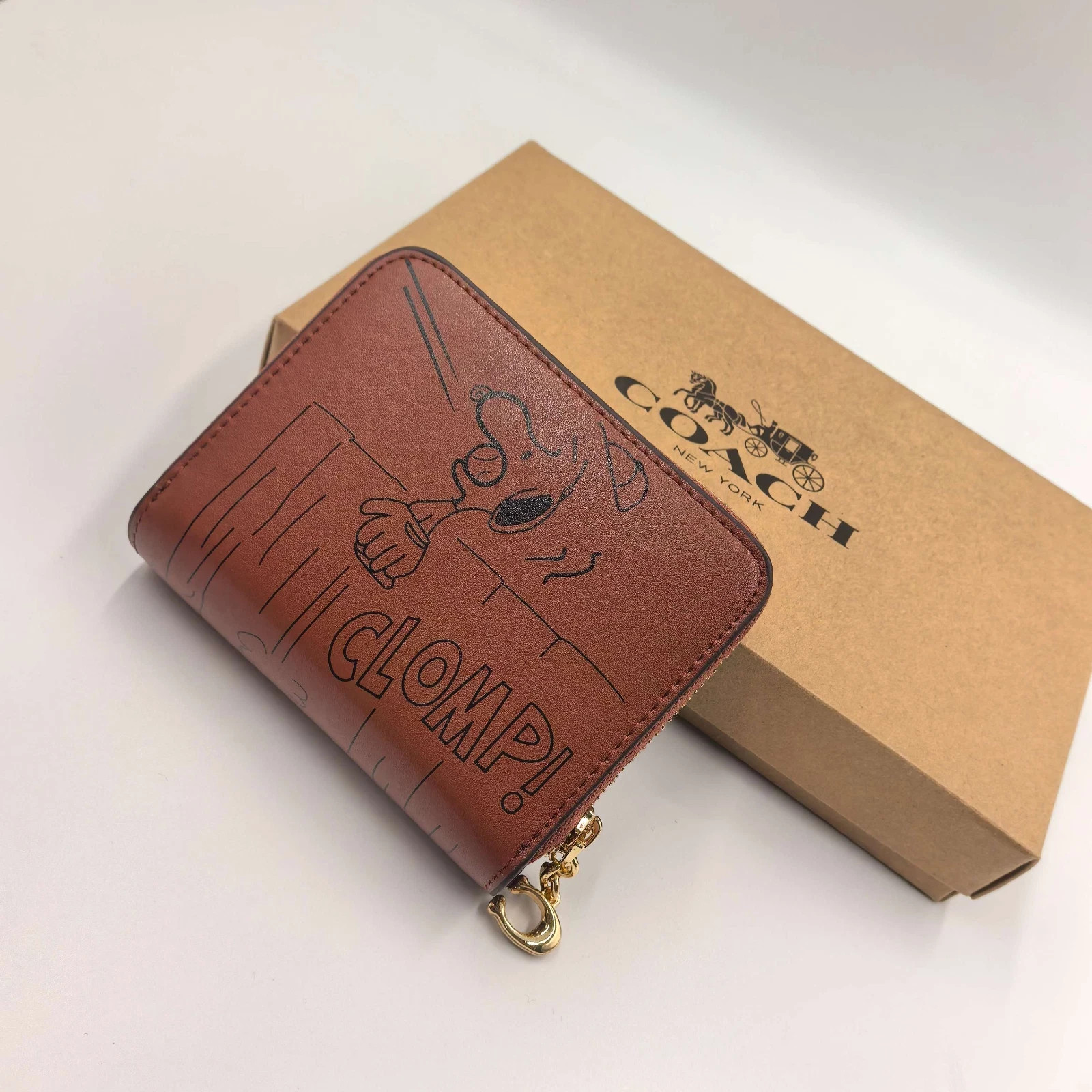 Coach x Snoopy Print Cartoon Pattern Medium Zip Wallet Brown CBG43