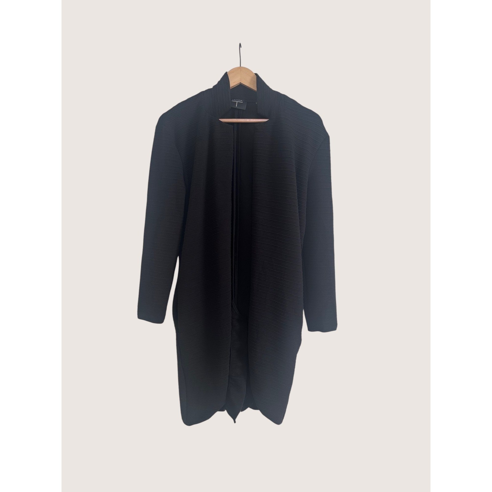 Tahari T Black Ribbed Open Front Cardigan Longline Structural Knit Jacket XS