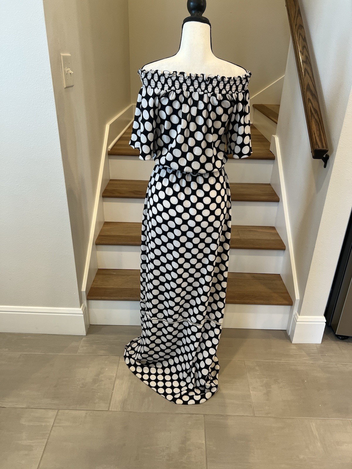 Think Black And White Polka Dot Off Shoulder Maxi Dress