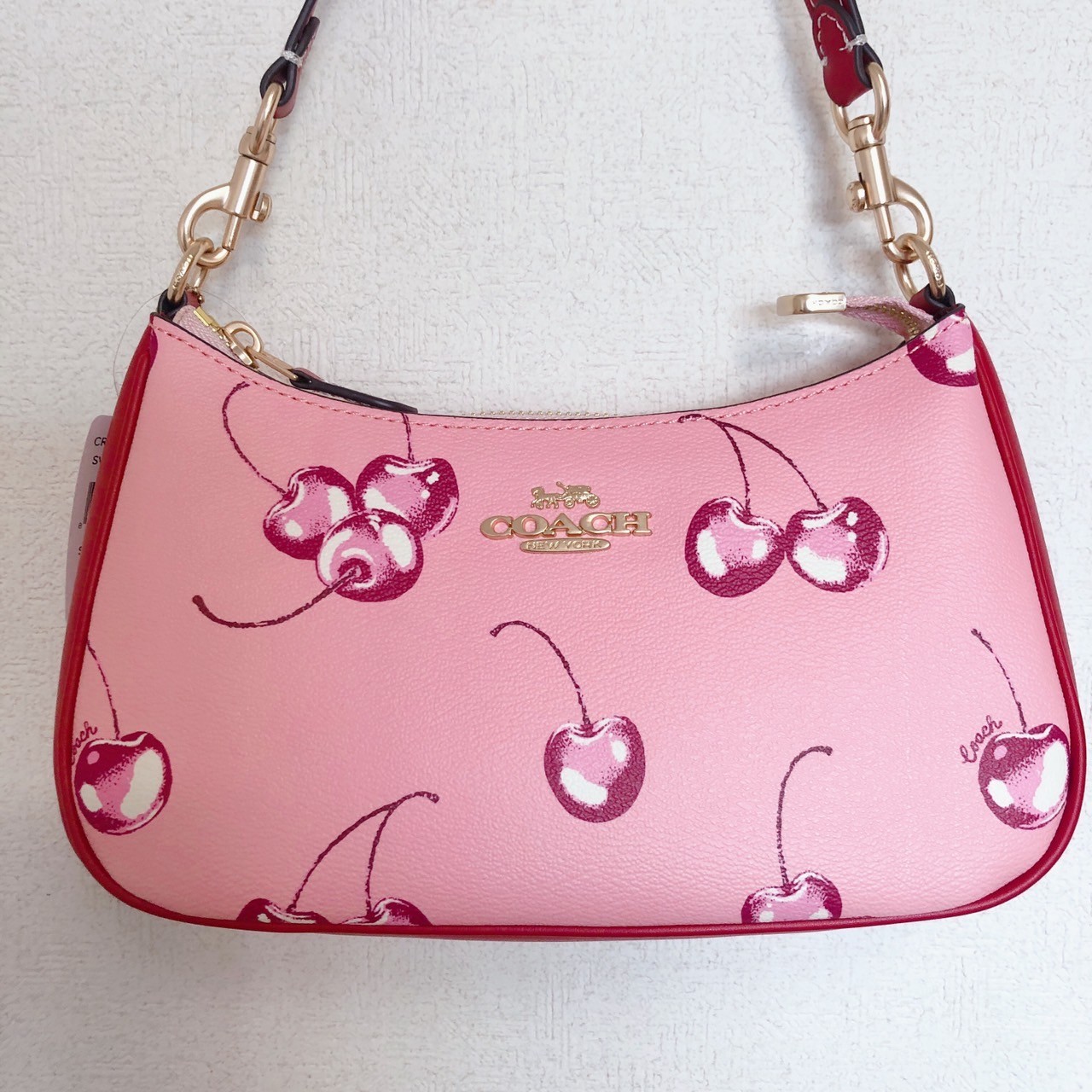 COACH Teri 2way Shoulder Bag Pink Canvas Leather Cherry Print CR290 Outlet New