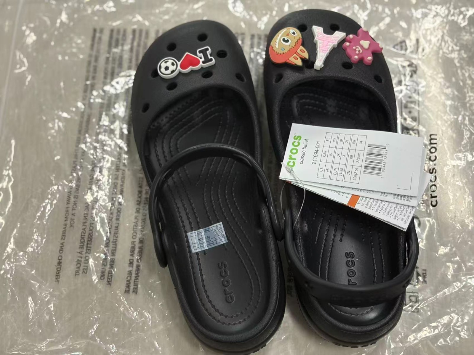 Black Crocs Classic Printed Ballet Flat Clog Lightweight Casual Slip On Shoes