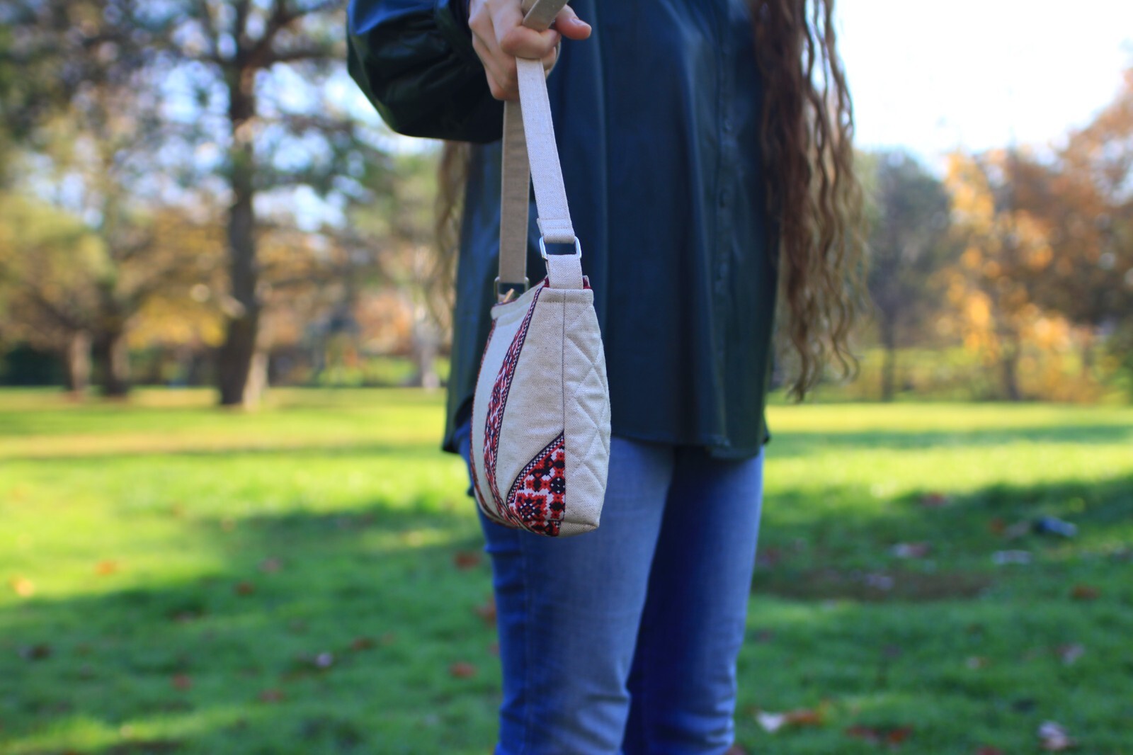 Handmade Beige Shiny Cotton Bag Adjustable Strap Red Accent Two Pockets.