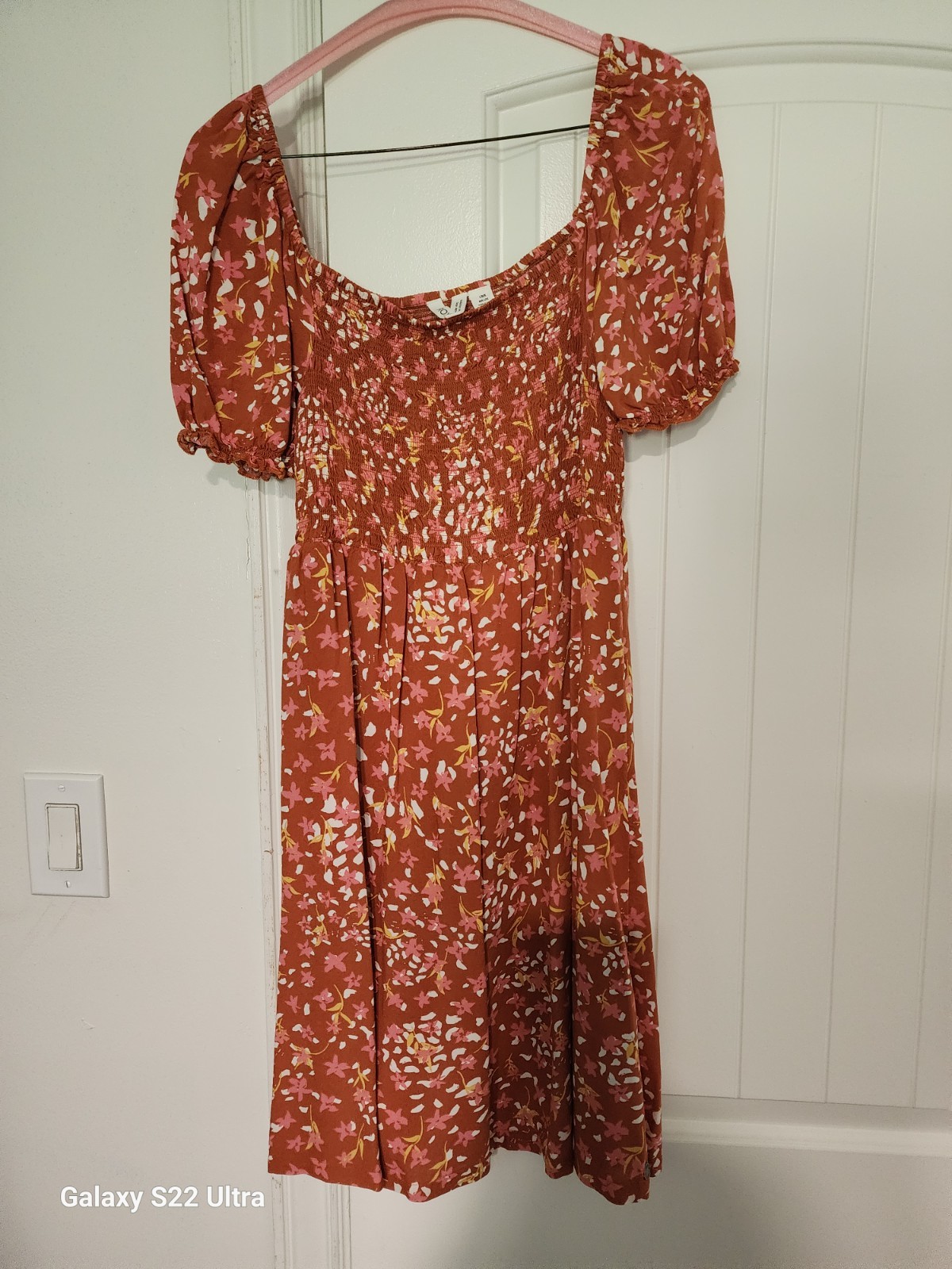 Roxy Floral rust colored summer dress for women casual, elastic bodice